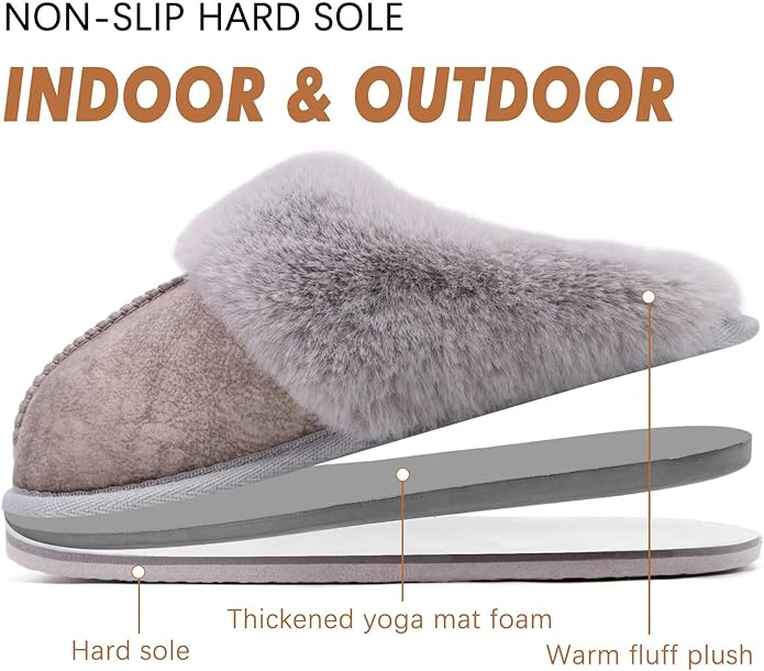 KuaiLu Womens Fluff Dual Memory Foam Slippers Ladies Cozy Arch Support Warm Scuff Slippers Slip on Comfy Winter House Shoes with Non-Slip Indoor Outdoor Hard Sole