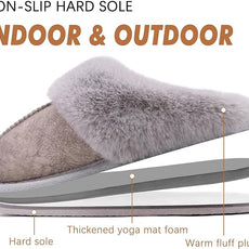 KuaiLu Womens Fluff Dual Memory Foam Slippers Ladies Cozy Arch Support Warm Scuff Slippers Slip on Comfy Winter House Shoes with Non-Slip Indoor Outdoor Hard Sole
