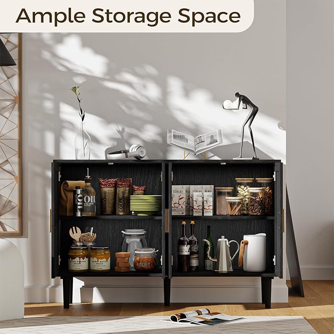 FONTOI Sideboard Cabinet with Rattan Doors, 4 Door Credenza Buffet Cabinet with Storage, Modern Large Kitchen Accent Cabinets for Entryway Living Room & Dining Room, Black Grey