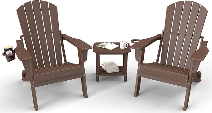 Folding Adirondack Chair 3-Piece Set - 38" Extra Tall Back & Embossed Wood Grain, Oversized HDPE Patio Furniture with Side Table & Cup Holders, 380lb Heavy Duty,Coffee