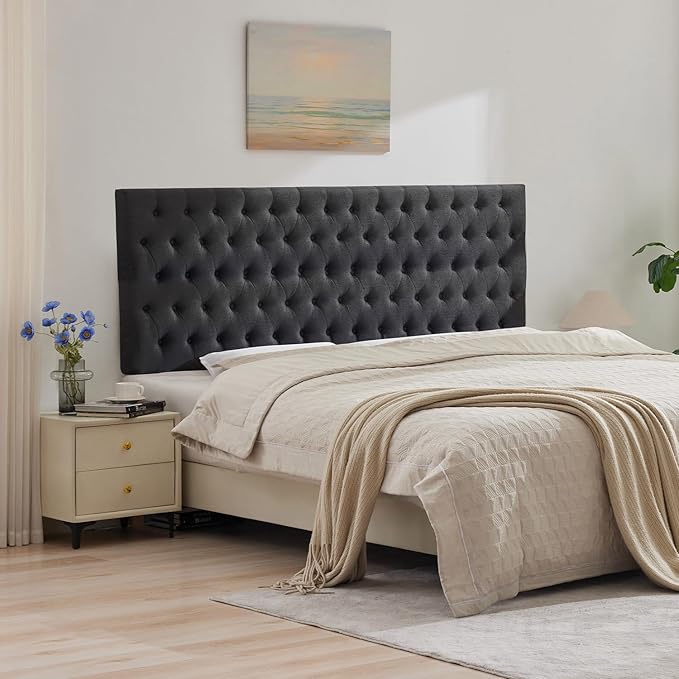 Kingfun Upholstered Queen Headboard Only, Premium Linen Button Tufted Headboards, Adjustable Solid Wood Head Board, Padded Headboard with Solid Wood Legs in Bedroom (Dark Gray)