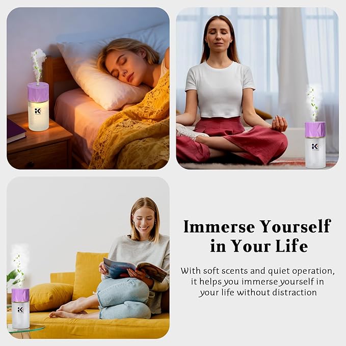 Ikeda Wireless Essential Oil Diffuser, Mini Negative Ion Mist Humidifier with Night Light & Auto Shut-Off, 250mL Lavender Scent for Room, Home, Car&Office
