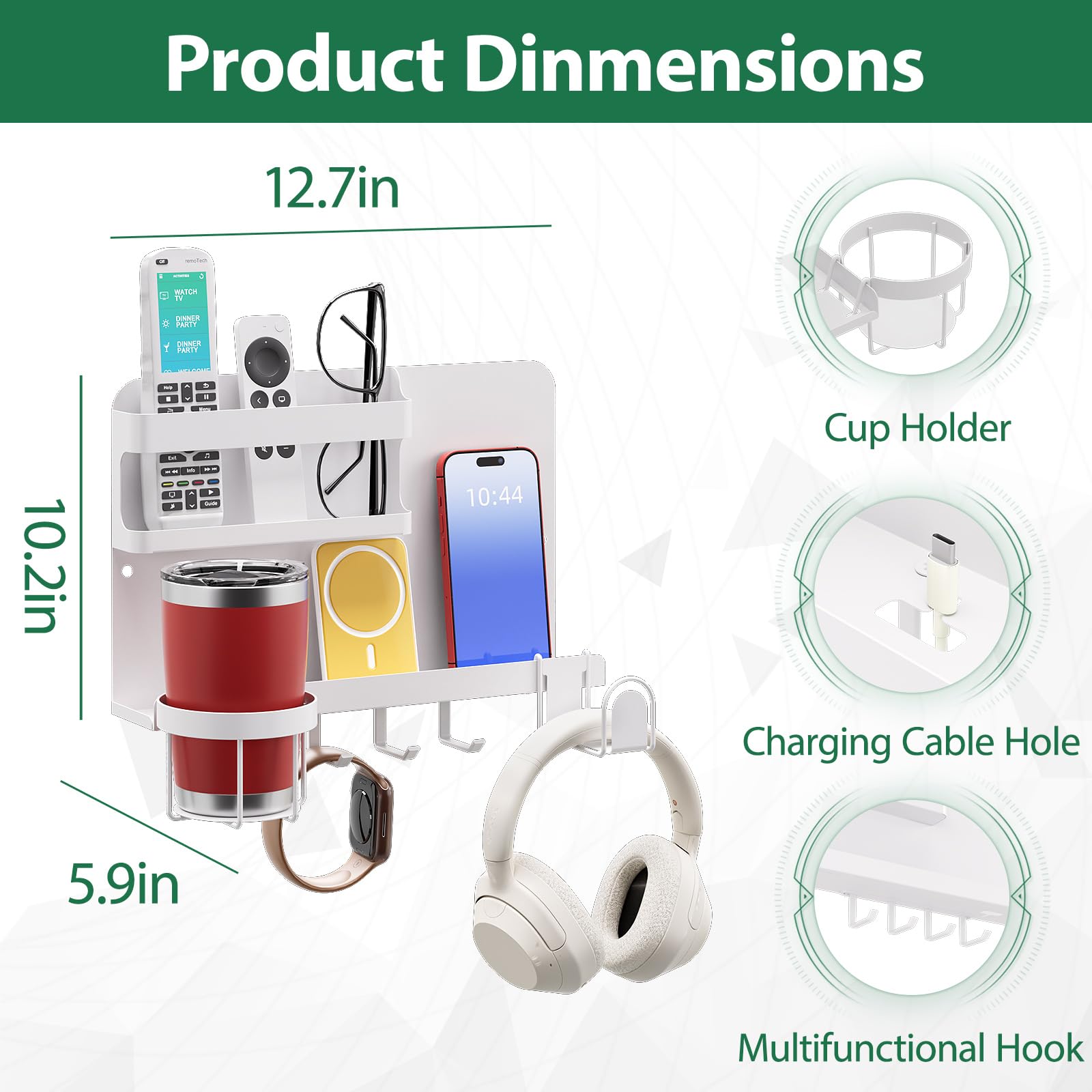 Versatile Bedside Wall Organizer, Floating Bedside Shelves, Wall Mount Essential Accessories for Room Decor, Dorm, Makeup Organizer, Remote Control Holder，Night Stand