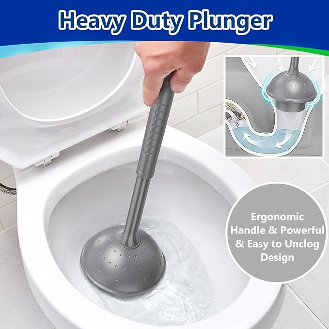 Toilet Brush and Plunger Set: 2-in-1 Heavy Duty Toilet Plunger and Bowl Brush Combo with Holder for Bathroom Cleaning - Grey