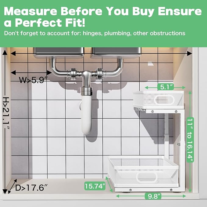 Under Sink Organizer, High Adjustable 2 Tier Under Sink Organizers and Storage, Slide Out Metal Cabinet Organizers, Pull Out Sink Storage Drawer Shelf for Kitchen Bathroom Cabinet, White, 1 Pack