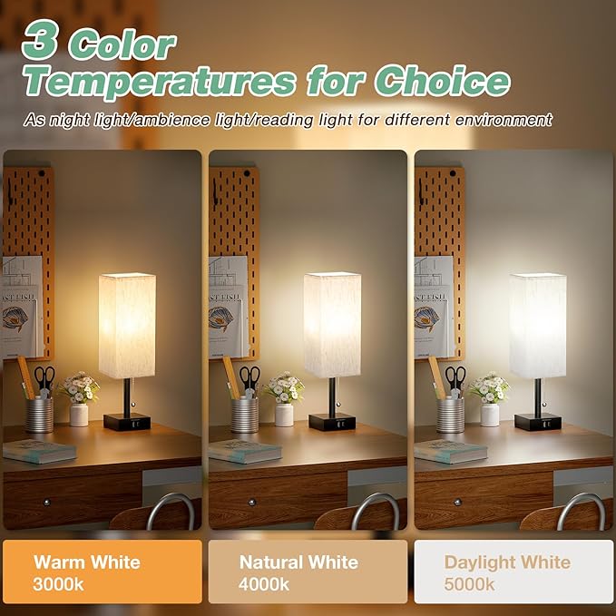 aooshine Pull Chain Small Table Lamp - 3 Color Temperature Bedside Lamp for Bedroom with USB Port, Minimalist Nightstand Lamp with Black Base, Desk Lamp for Kids Room Dorm, Bulb Included