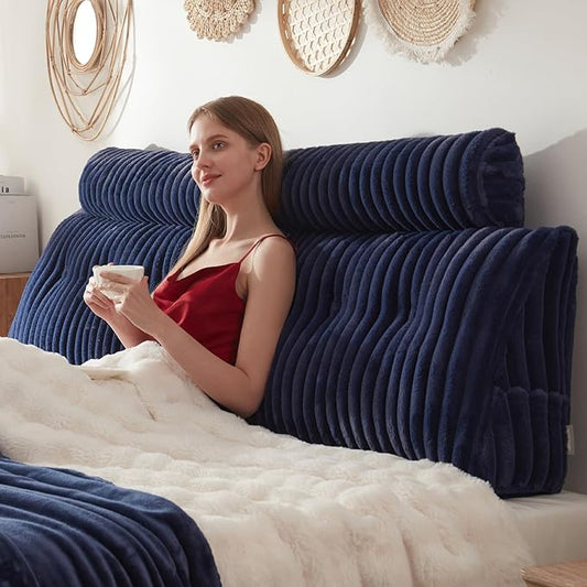 Headboard Pillow + A Long Neck Roll Pillow Body Pillow，Faux Fur Headboard Wedge Pillow with Removable Cover (Blue, King：76x8x20 inches)