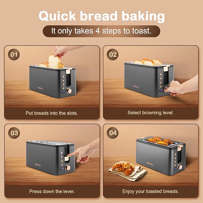 Mecity 4 Slice Toaster, Long Slot Toaster With Warming Rack, Timer, Bagel, Defrost, Reheat Functions, Crumb Tray, 6 Browning Settings, Extra Wide Long Slots, Stainless Steel, 1300W, Grey