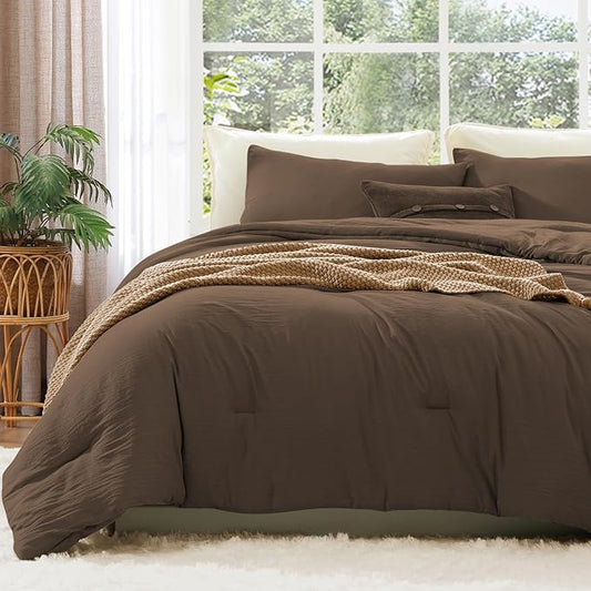 WRENSONGE Full Size Comforter Sets, 7 Pieces Chocolate Brown Bed in a Bag with Fitted Sheet, Flat Sheet, 2 Pillow Shams, 2 Pillowcases, Warm Bedding Sets for All Season