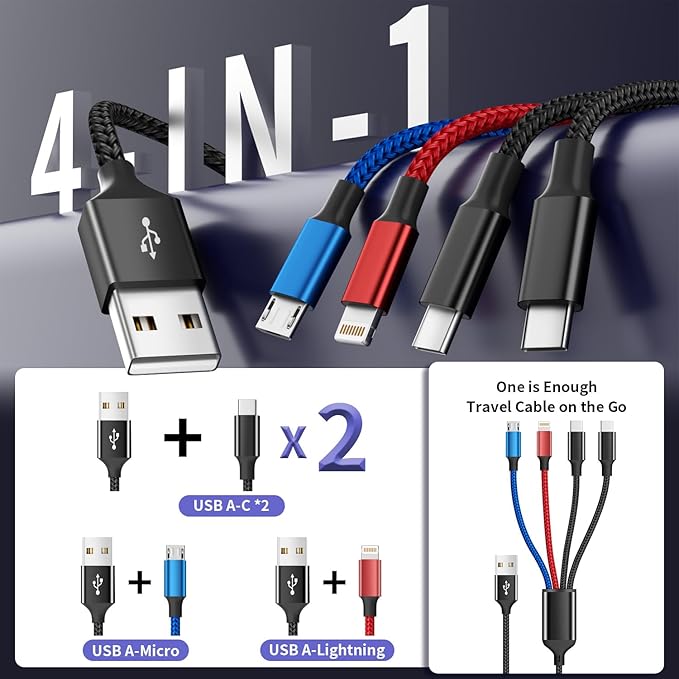 Dual Type-C 4 in 1 Multi Charging Cable for Multiple Devices with 2 USB-C/Lightning/Micro Port, USB Cable iPhone Charger Cord, Travel Charger for iPhone17-8, Android iPad, Stocking Stuffers - 2Pcs 5FT