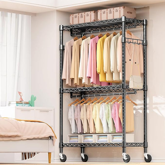 Heavy Duty Rolling Garment Rack 3 Tiers Adjustable Wire Shelving Clothes Rack with 2 Rods and Side Hooks, Storage Closet Clothing Rack with Wheels Black 17.7" D x 47.2" W x 83.6" H