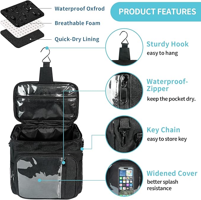 Dorm Room Essentials for Guys Girls Boys, Hanging Toiletry Bag，Waterproof Travel Shower Caddy Organizer with Clear Pockets, Mesh Compartments & Hook Portable Toiletry Bag for Gym, Camping, Cruise