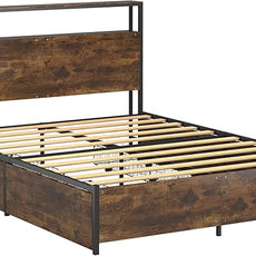 Panana 14 Inch Full Size Bed Frame,Industrial Metal Platform Bed Frame with 2 Tier Storage Wooden Headboard and Footboard,4 Storage Drawers,No Box Spring Needed,Black&Brown