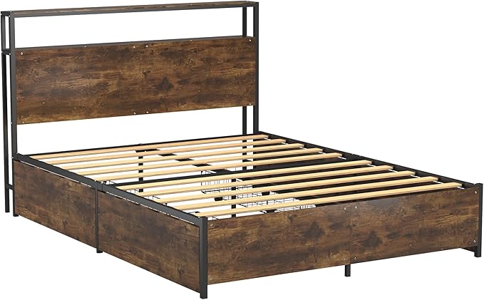 Panana 14 Inch Full Size Bed Frame,Industrial Metal Platform Bed Frame with 2 Tier Storage Wooden Headboard and Footboard,4 Storage Drawers,No Box Spring Needed,Black&Brown