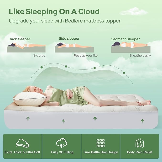 BEDLORE RV Queen Mattress Topper Viscose Derived from Bamboo,Pillow Top Mattress Pad with Stretchable Pockets for 6-18 inches Mattress, Soft Breathable Mattress Topper for Back Pain Relief