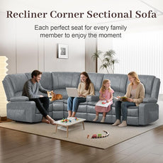 Manual Reclining Sectional Sofa Set, 5 Seats 1+1+3 Leather Reclining Corner Sectional Couch, Family-Sized L-Shaped Recliner Couch with USB Charging, Thickened Padding, Sturdy Frame, Grey