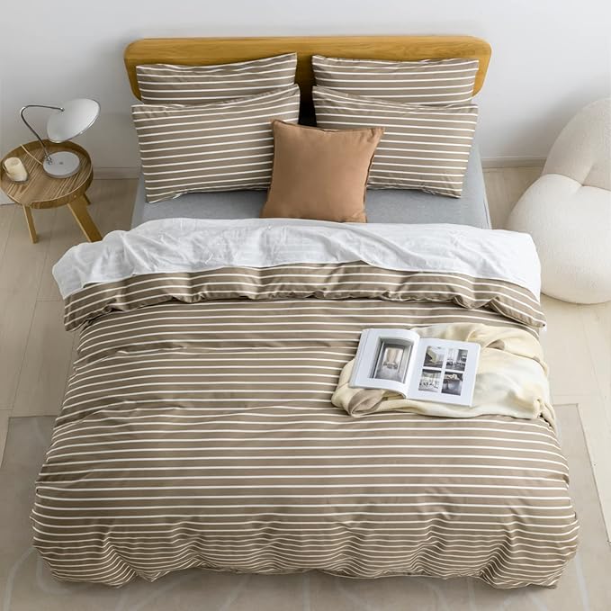 JELLYMONI Queen Duvet Cover Set, Cotton Duvet Cover 3 Pieces with Zipper Closure, 1 Duvet Cover and 2 Pillowcases(Khaki with White Striped)