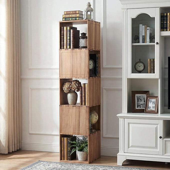 Solid Wood Corner Shelf, Square Bookcase Cube Tower, Stationary Shelves - Sturdy Freestanding Organizer for Beside TV Stand&Room Corners, Storage Display for Small Spaces, Rustic Brown, 5-Tier