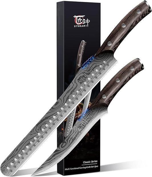 Brisket Slicing Knife Set, Carving and Boning Knife for Meat & Turkey Cutting, Japanese Style High Carbon Steel Kitchen Knives Set For Home & BBQ, Wood Ergonomic Full Tang Handle, Christmas gift