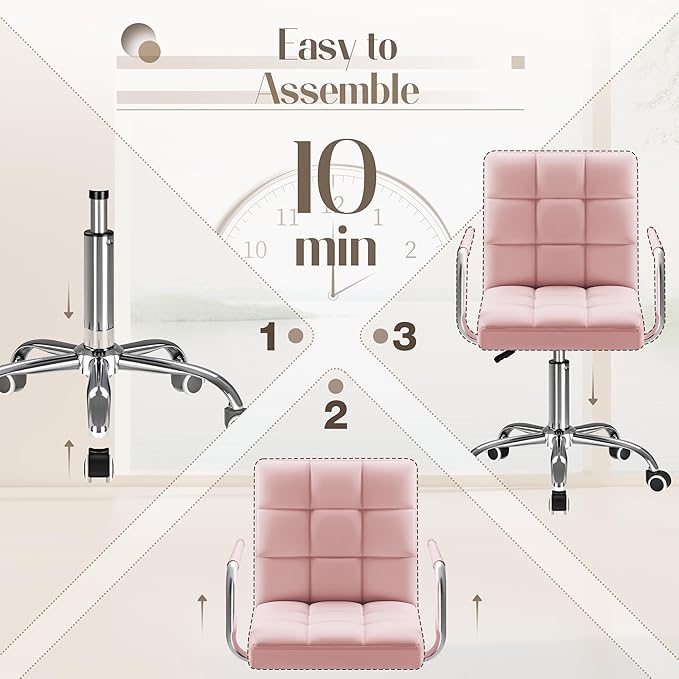 Furmax Mid-Back Office Task Chair Ribbed PU Leather Executive Chair Modern Adjustable Home Desk Retro Comfortable Work Chair 360 Degree Swivel with Arms (Light Pink)