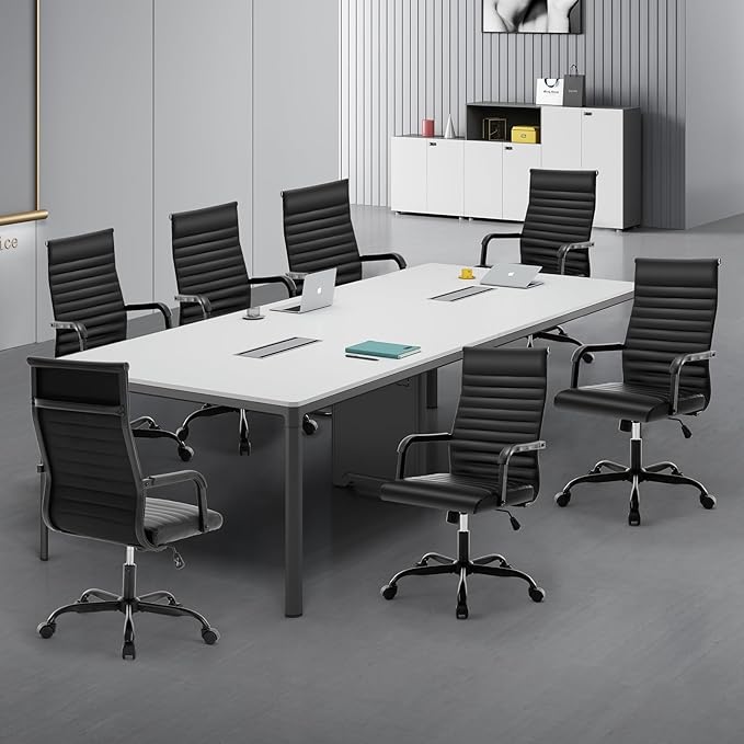 Office Chair, Ergonomic Executive Conference Room Chairs, Ribbed Leather Desk Chair with Lumbar Support, Adjustable Height Mid-Back Swivel Chair with Padded Seat and Square Tube Armrests