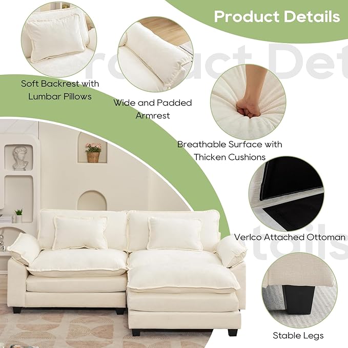 86" Modular Sectional Sofa, Comfy Cloud Couch Sectional Sofa with Ottoman, Chenille Sofa Sleeper Deep Seat Sofa with Throw Pillows for Living Room (Beige White, 86"- L Shape)