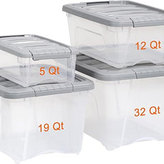 Amazon Basics Plastic Storage Containers with Secure Latching Lids, Stackable Organization Bins, Clear/Grey, 12 Quart, Set of 6