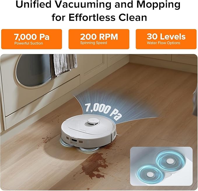 roborock Qrevo Plus Robot Vacuum and Mop with FlexiArm Design Edge Mopping, Self-Emptying, Auto Mop Washing & Drying, 7,000 Pa Suction, White (Renewed)