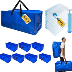 16 Pack Heavy Duty Extra Large Moving Bags with Backpack Straps & Large Vacuum Storage Bags Moving Supply Combo, Moving Totes with Handles & Zippers for Space Saving, Fold Flat, Includes Vacuum Bags