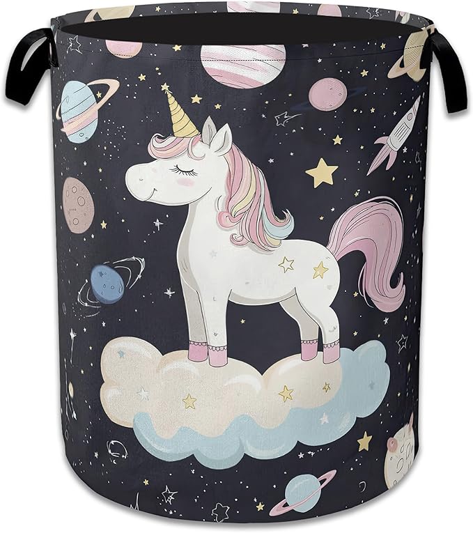Cute Unicorn Laundry Basket,Foldable Oxford Cloth Planet Laundry Hamper with Handles, 20.8"x16" Tote Bag Clothes Storage Bucket for Laundry Room/Bathroom/Bedroom/Dormitories