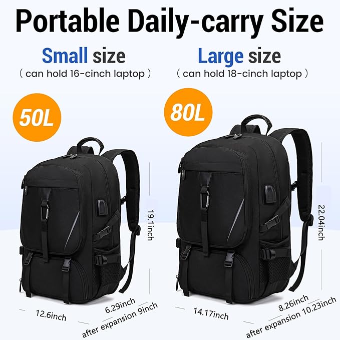 Men's Women's with Usb Port 80l Travel Backpack, Large Carry-On Backpacks，Expandable Oversized Laptop Bag Works