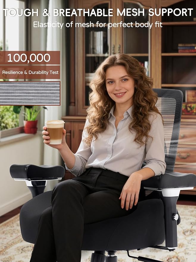 Big and Tall Office Chair 500lbs, Ergonomic Desk Chair with W Wide Thick Cushion, Executive Mesh Office Chair with Adjustable Lumbar Support & 4D Armrest, Computer Task Chairs for Heavy People, Black