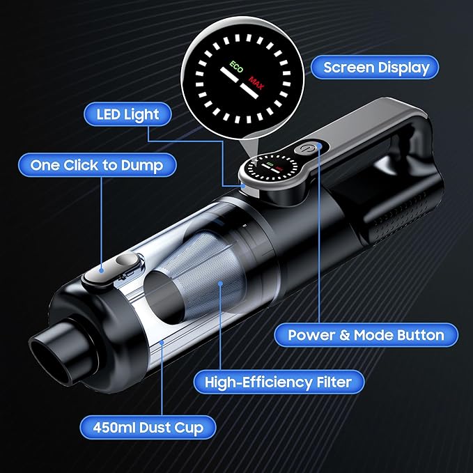 Cordless Handheld Vacuum for Car and Home, 18000Pa Strong Suction, 35 Mins Runtime with Multiple Nozzles & LED Light, Portable Cleaner for Pet Hair and Car Seats