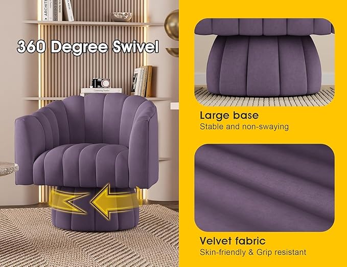 Accent Chair Mid Century 360 Degree Swivel Chair,Modern Lounge Sofa Round Barrel Chair with Wide Upholstered,Fluffy Velvet Fabric Chairs for Home Sofa Living Room/Bedroom/Waiting Room(Purple)