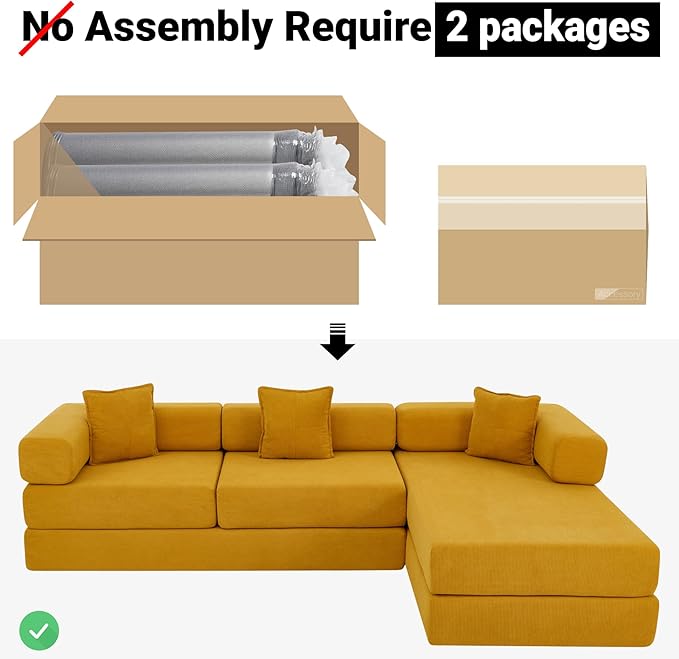 108" Oversized Convertible Sleeper Sofa Bed, Corduroy L Shape Sectional Couch, Folding Sofa Bed with Fixed-Shape Frame, Modern Cloud Floor Mattress Couch, Modular Sofa for Living Room, Yellow