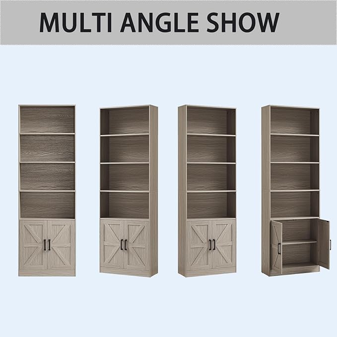 70in Tall Bookshelf 6 Tier Bookcase with Barn Doors and Adjustable Shelf, Oak Grey Farmhouse Book Shelves with Storage Cabinet, Wood Floor Standing Display Bookshelve for Bedroom, Living Room