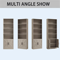 70in Tall Bookshelf 6 Tier Bookcase with Barn Doors and Adjustable Shelf, Oak Grey Farmhouse Book Shelves with Storage Cabinet, Wood Floor Standing Display Bookshelve for Bedroom, Living Room