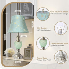 Bedside Table Lamp Set of 2 with Nightlight and USB A+C Ports, 27'' High Vintage Table Lamps with Silver Leaf Finish and Embroidered Shade, Nightstand Lamps Decor for Bedroom Living Room Home Office