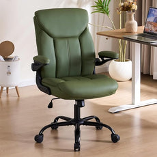 Office Chair, Ergonomic Computer Chair with Flip-up Arms Home Desk Chairs Comfy PU Leather Executive Mid Back Support Adjustable Height Tilt Lock Swivel Rolling Wheels, Green
