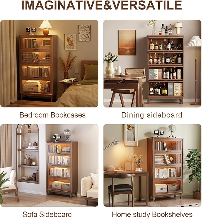 Solid Wood Bookcase 4 Tier Bookshelves with Tempered Glass Flip-Up Doors 60Hx12.5Dx32W" Brown Finish Cube Storage Organizer, Bookshelf Versatile Pantry Cabinet with Storage for Kitchen Home Office