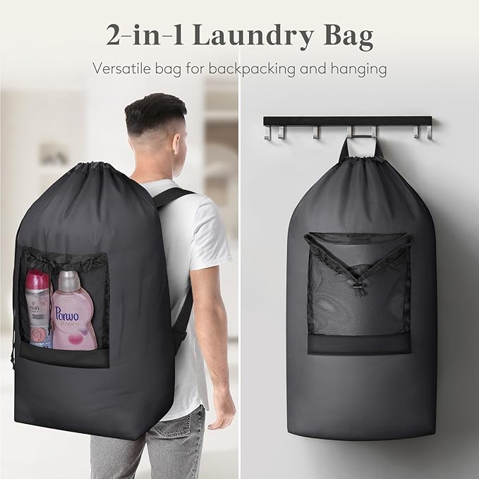 Lifewit 90L Laundry Bag Backpack for Laundromat, Extra Large Handy Laundry Sack with Shoulder Straps and Mesh Pocket, Heavy Duty Hamper for Dirty Clothes for College Dorm/Travel/Apartment, Dark Gray