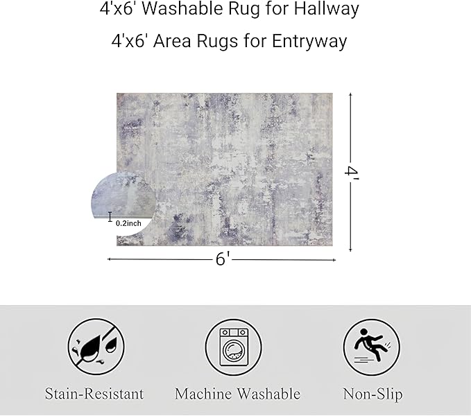 RCTJHOME 4'x6' Washable Area Rugs for Hallway, Non Slip Dining Room Rugs, Soft Low Pile Entryway Indoor Mat, Moroccan Accent Carpet for Kitchen, Living Room and Bedside, Light Grey White Watercolor