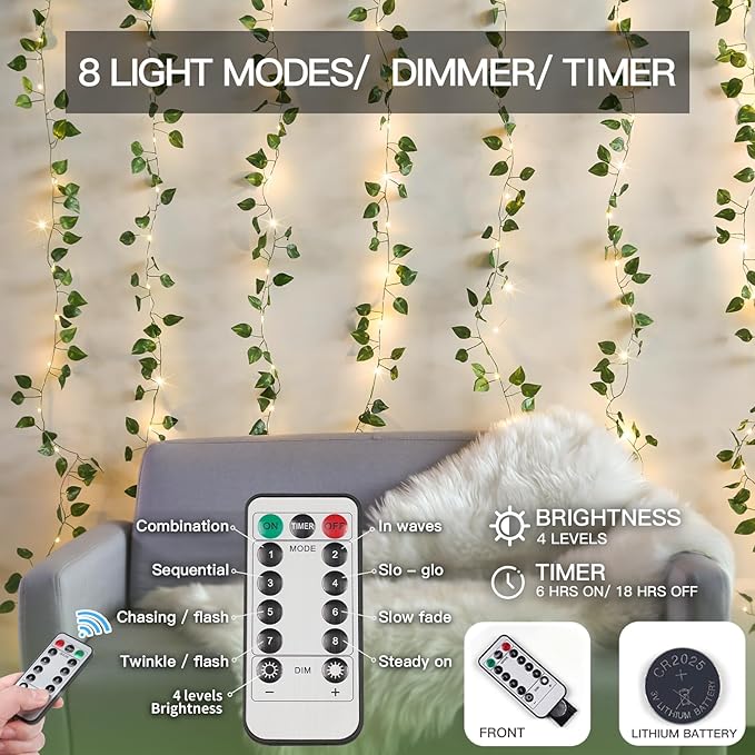 suddus Vines with Lights, 200 LED Fairy Lights with Vines, Pothos Curtain String Lights with Remote for Bedroom, Dorm, Wedding, Party, Wall, Indoor, Outdoor Decor, 6.5ft x 6.5ft