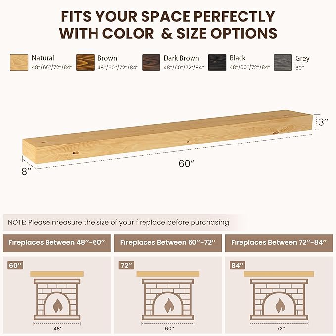 Fireplace Mantel 60inch, Solid Wood Mantel Shelf Handcrafted Rustic, Handcrafted Wood Fireplace Mantels Floating Mantle Shelves Decor for Wall, Bedroom, TV, Books, Livingroom 60 X 8 X 3 - Natural