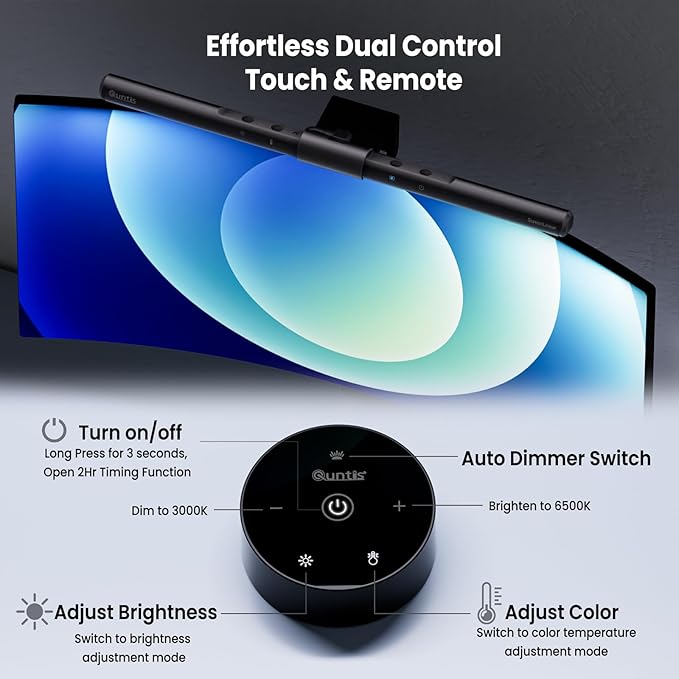 Quntis Computer Monitor Lamp, Screen Monitor Light Bar for Eye Caring, USB Reading LED Task Lamp with Auto-Dimming, Dimmable Light Bar, Touch Control, No Glare Space Saving Home Office Desk Lamps