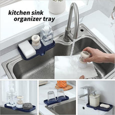 Silicone Bathroom Soap Dishes with Drain Spout-Kitchen Sink Organizer,Sponge Holder,Dish Soap Tray,Perfect for Dispenser,Scrubber,Bottle,Cup on Sink or Counter-Navy Blue 9.6