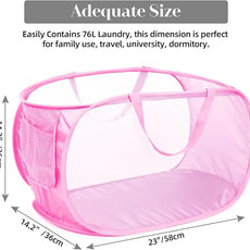 Durable Collapsible Laundry Baskets, Mesh Pop Up Laundry Hamper with Side Pocket, Foldable Clothes Hamper with Reinforced Carry Handles for Laundry, Bathroom, Kids Room, Dorm or Travel 2 Pack Pink