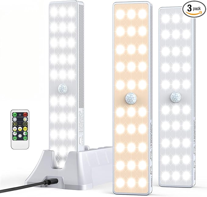 LED Closet Light with Charging Station, 3 Pcs 3 Color Temperatures 30LEDs Dimmer Rechargeable Motion Sensor Under Cabinet Lighting, Stick-on Night Light for Kitchen