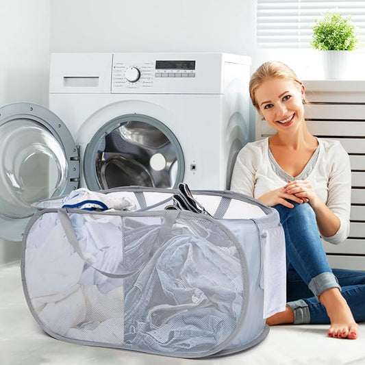 Sturdy Collapsible Laundry Baskets, Foldable Pop Up Laundry Hamper, Durable 2 Compartments Laundry Basket, Handy Pocket & Easy to Sort Clothes Hampers for Laundry, Dorm, Kids Room, Travel Grey