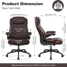 Ergonomic Executive Office Chair for Big & Tall - 500lbs Capacity with Lumbar Support & Flip-Up Armrests, Heavy Duty PU Leather Computer Desk Chair, Brown